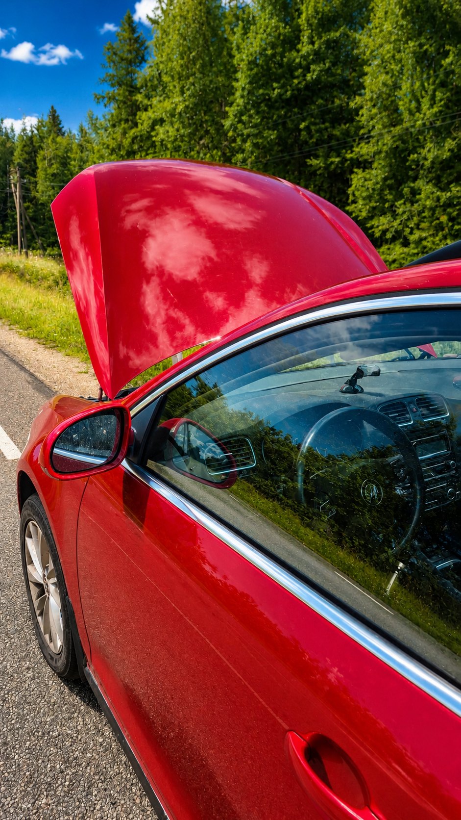 Punane auto avatud kapotiga tee ääres