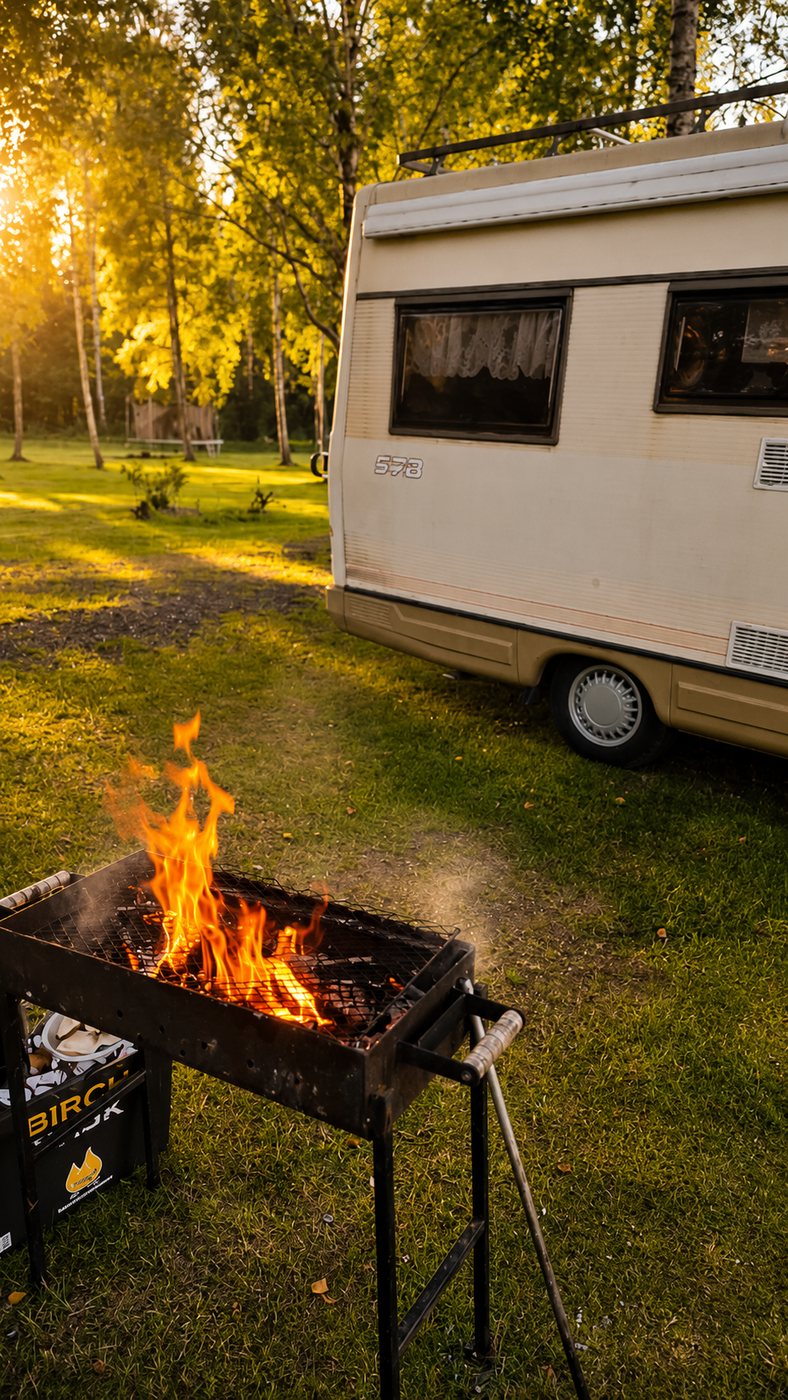 Grill ja matkaauto õhtuses päikeses